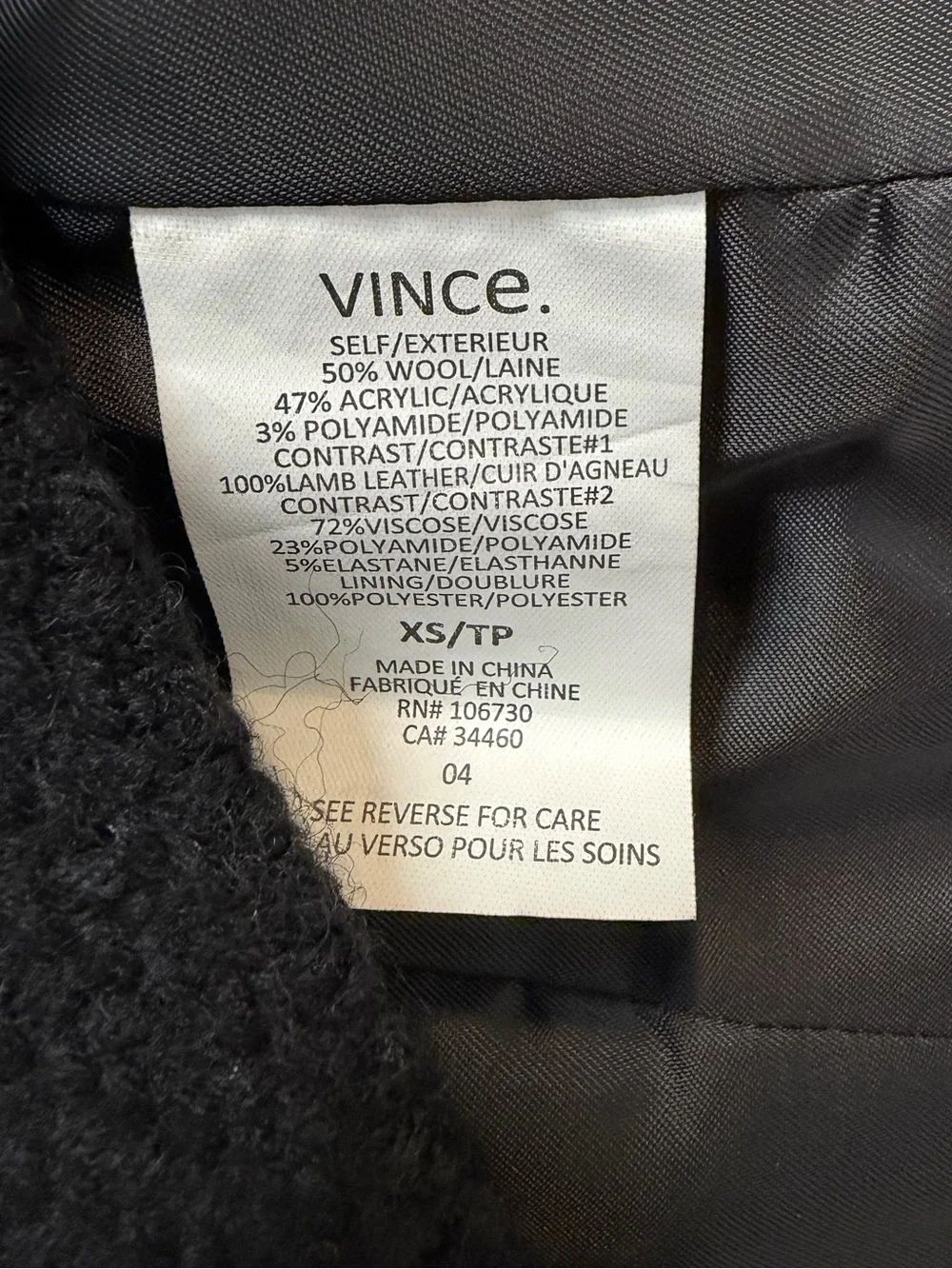 VINCE Black Lamb Leather Wool Boucle Tweed Cropped Moto Jacket. Size XS.